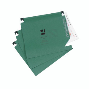 CW Office Q-Connect Lateral File 275MM PK25, green lateral filing folders with black clips and a label holder.