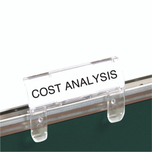 CW Office Elba Suspension File Tabs Rigid P50, clear plastic file tab with 'COST ANALYSIS' label attached to a filing system.