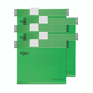 CW Office Rexel GRN Foolscap Susp Files PK25, set of 25 green foolscap suspension files for office organization.