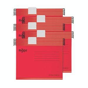 Product CW Office Rexel Red Classic Susp Files PK25, set of 25 red suspension files with white tabs for organizing documents.