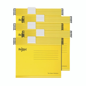 CW Office Rexel Yellow Foolscap Susp Files PK25, set of 25 yellow foolscap suspension files with white tabs for organization and filing.
