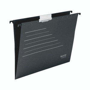 Product CW Office Leitz Alpha Rcy Sus File V A4 BLK 10, black A4 size file folder with white lines for labeling, designed for organizing documents efficiently.
