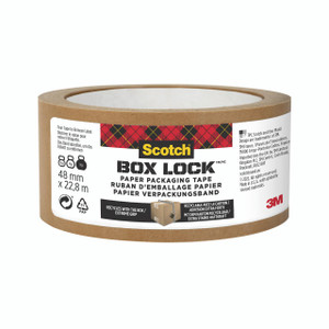 CW Office Scotch Boxlock Paper Tape 48MMX22.8M, brown packing tape roll with label displaying product details and brand logo.