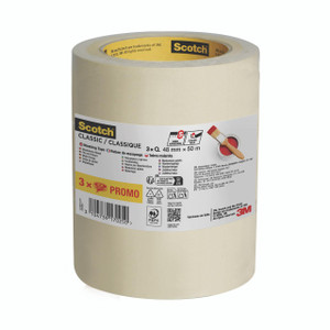 Product CW Office Scotch Classic Masking Tape 48X50 PK3, a large roll of beige masking tape with label detailing specifications and branding.