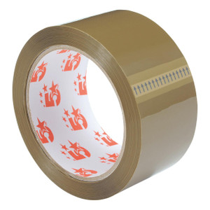 CW Office Packaged Tape PP Buff 48MMx66M, adhesive packing tape roll in gold color with a blue arrow strip for sealing boxes.