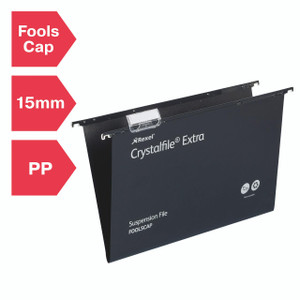 CW Office Rexel Crystalfile Suspension File BLK PK25, black suspension file with transparent clip and Fools Cap label, 15mm spine width, made of polypropylene (PP).