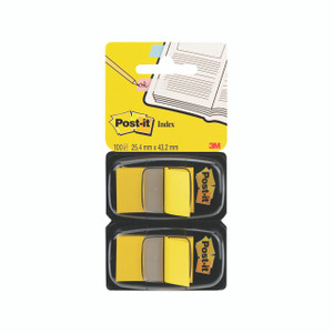 CW Office Post-it Index Flag Dispenser Ylw PK2, yellow index flags with dispenser and packaging.