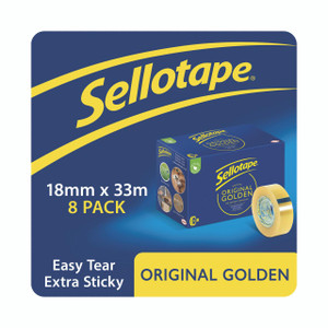 CW Office Sellotape Golden Tape 18MMX33MM, adhesive yellow tape roll on packaging with detailed product information