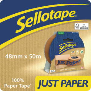 CW Office Sellotape Pkgg Paper Tape 48MMX50M, packaged roll of transparent paper tape with yellow and blue branding, size 48mm by 50m.