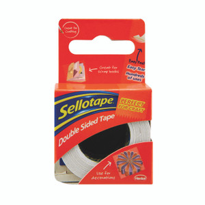 CW Office Sellotape Dbl Sided 15MM Tape PK12, double-sided adhesive tape for crafting, scrapbooks, and decoration, in red packaging with blue and yellow accents.