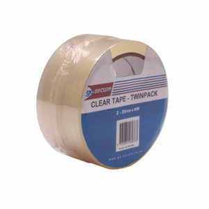 CW Office Gosecure Twpk Tpe 25MMX66M Clr PK6, clear adhesive tape roll with specifications 25mm width and 66 meters length, in a plastic dispenser with a barcode label.