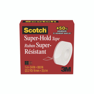 CW Office Scotch Super-Hold Sec Tape, adhesive tape on a red and white box with product details, measuring 19mm by 25.4m, enhanced with 50% more adhesive for strong hold.