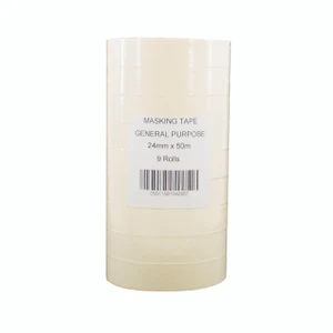 CW Office 25MMX50M White Masking Tape PK9, a roll of white adhesive masking tape for painting and surface protection.