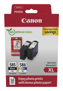 Canon PG-585XL / CL-586XL High Capacity Multipack & Photo Paper Value Pack (6204C005), red and white packaging with ink cartridges and photo paper, recyclable package, includes details about ink types, and bonus photo paper.