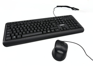 Various Origin USB Keyboard and Mouse combo, black wired keyboard and ergonomic mouse on a white background.