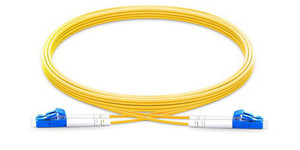 Various LC-LC OS2 Fibre Optic Cable Singlemode Duplex - Yellow 1m, yellow fiber optic cable with blue connector ends.