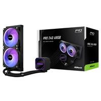 CW Office ASRock Pro 240 ARGB AIO Liquid CPU Cooler, 240mm radiator with dual 120mm RGB PWM fans, pump block, and retail packaging displayed on a white background