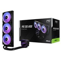 CW Office ASRock Pro 360 ARGB AIO Liquid CPU Cooler, 360mm Radiator, Triple 120mm PWM Fans, Addressable RGB, three illuminated fans and pump displayed beside the product box.