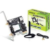 CW Office Gigabyte GC-WB1733D-I Intel Wireless AC1750 Dual Band PCI-Express WiFi Card, PCIe wireless network adapter shown with external antenna, antenna cables, and Gigabyte retail box