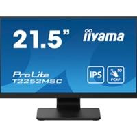 CW Office iiyama PROLITE T2252MSC-B2 21.5 Inch 10 Point Touchscreen IPS Monitor, front view with a blue screen displaying the 21.5-inch ProLite T2252MSC branding and IPS touchscreen icons, mounted on a black stand