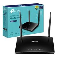 CW Office TP-Link Archer MR200 AC750 Wireless Dual Band 4G LTE Router, black wireless router with three antennas displayed in front of its teal product box