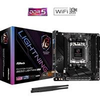 CW Office ASRock B650I LIGHTNING WIFI AMD AM5 Socket Motherboard, compact black Mini-ITX motherboard displayed beside its retail box with Wi-Fi antennas and DDR5 and Wi-Fi 6E branding