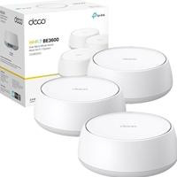 CW Office TP-Link Deco BE25 (3-pack) BE3600 Whole Home Mesh Wi-Fi 7 System, 2.5G Multi Gigabit, three white mesh Wi-Fi units displayed in front of the product box