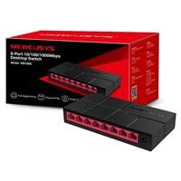 CW Office Mercusys MS108G 8 Port Gigabit Ethernet Network Switch, black gigabit Ethernet switch with eight ports displayed in front of its red retail packaging.
