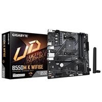 CW Office Gigabyte B550M K WIFI6E AMD AM4 Socket Motherboard, black micro-ATX motherboard with Wi-Fi antenna displayed beside its retail box