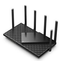 CW Office TP-Link Archer AXE75 AX5400 Tri-Band Wi-Fi 6E Router, black router with multiple upright antennas and a textured geometric design
