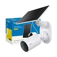 CW Office TP-Link Tapo C410 KIT Solar-Powered Security Camera Kit, white outdoor security camera with solar panel and wall mount displayed beside its retail packaging