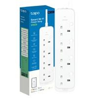 CW Office TP-Link Tapo P304M Smart Wi-Fi Power Strip, 4-Outlets, Matter, shown beside its retail box with four AC outlets and individual control buttons