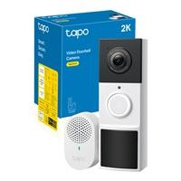 CW Office TP-Link Tapo D210 Video Doorbell Camera, 2K video doorbell with camera lens and button shown beside its retail box and white indoor chime.