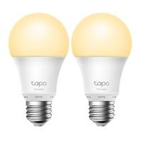 CW Office TP-Link Tapo L510E Dimmable Smart Light Bulb, E27, 2-Pack, two white smart bulbs with warm glowing tops and silver screw bases displayed against a white background