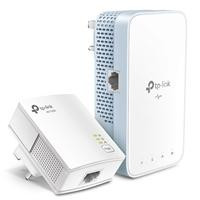 CW Office TP-link TL-WPA7517 KIT AV1000 Gigabit Powerline ac Wi-Fi Kit, two white powerline adapters shown together, with one standing upright and the other angled to display its Ethernet port and Wi-Fi button.