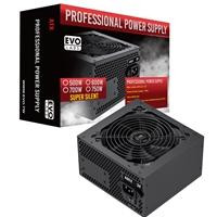 CW Office EVO LABS BR500-12BL 500W PSU, 120mm Black Silent Fan with Improved Ventilation, black computer power supply unit with 120mm cooling fan shown beside its retail box