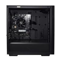 CW Office AMD Ryzen 3 4300G Quad Core 8 Thread 3.80GHz (4.00GHz Boost), black desktop PC tower with side panel removed showing internal components and cooling fan