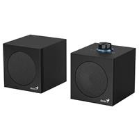 CW Office Genius SP-HF300U 4W RMS USB Audio Speakers, pair of black cube speakers with front-facing drivers and top-mounted volume controls, compatible with USB-A and USB-C on Windows and macOS.