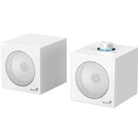 CW Office Genius SP-HF300U, 4W, USB Audio Speakers/ USB-A & USB-C - White, pair of white cube USB speakers with circular front grilles and a top-mounted volume control