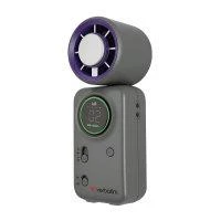CW Office Verbatim Cool 'n' Go Ice Touch Mini Handheld Fan Purple / Grey, compact grey handheld fan with a purple circular fan head, digital display, and control buttons on a white background.