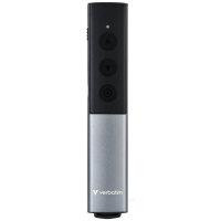 CW Office Verbatim Agenda Wireless Presenter With Red Laser Pointer, Up To 100m Wireless Range, Dual USB-A and USB-C Receiver For Universal Compatibility, Plug And Play, Grey / Black, slim grey and black wireless presenter with three front buttons and Verbatim branding