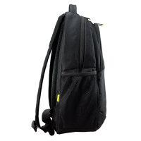 CW Office techair TAECB001 Eco Essential 14–15.6-inch Black Backpack, side view showing padded shoulder straps, zippered compartments, and a mesh side pocket against a white background.