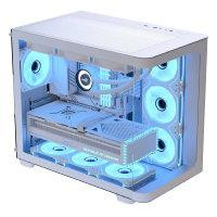 CW Office Aerocool ACCM-PN01043.21 Dual-Chamber PC Case, white ATX case with curved glass panels, four pre-installed 120mm ARGB fans glowing blue, and a spacious interior