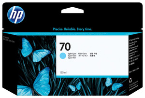 HP Original HP 70 130ml Light Cyan DesignJet Ink Cartridge – C9390A, front view of black HP ink cartridge packaging featuring a blue butterfly design, HP logo, Light Cyan color label, 130 ml capacity, and cartridge number 70.