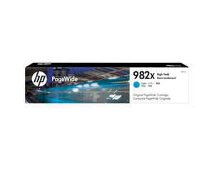 HP Original HP 982X High Yield Cyan PageWide Ink Cartridge – T0B27A, front view of the cyan ink cartridge box with HP PageWide branding and 982X High Yield labeling