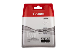 Canon Original Canon PGI-520BK Black Ink Cartridge Twin Pack - 2932B012, front view of red and white Canon PIXMA packaging showing two PGI-520BK black ink cartridges