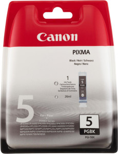 Canon Original Canon PGI-5BK Black Ink Cartridge - 0628B029, front view of the Canon PIXMA PGI-5BK black ink cartridge in red, white, and black packaging, labeled 26 ml and cartridge number 5.