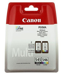 Canon PG-545/CL-546 Multipack Original BKCMY ink cartridges, product packaging showing black, cyan, magenta, and yellow cartridges in a red and white box. Canon PG-545/CL-546 Multipack Original BKCMY ink cartridges, product packaging showing black, cyan, magenta, and yellow cartridges in a red and white box.