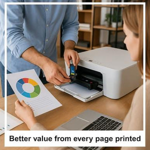 Cartridge World Compatible Brother LC422XLBK BLACK Ink Cartridge, image showing a person inserting the ink cartridge into a printer during a professional setting.