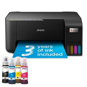 Epson EcoTank ET-2862 A4 Multifunction Wi-Fi Ink Tank Printer Wireless All-in-One, black printer with ink bottles and a 3-year ink included banner.